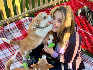 Hunter King and Andy McNeil in Los Angeles, California with Corgi puppies